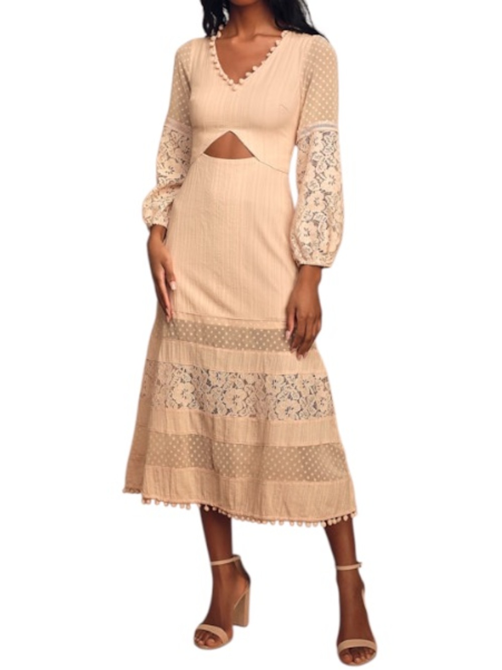 Lulus Modern Menagerie Blush Lace Cutout Long Sleeve Midi Dress